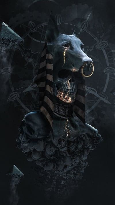 Anubis Skull with Golden Tear and Skull Pile
