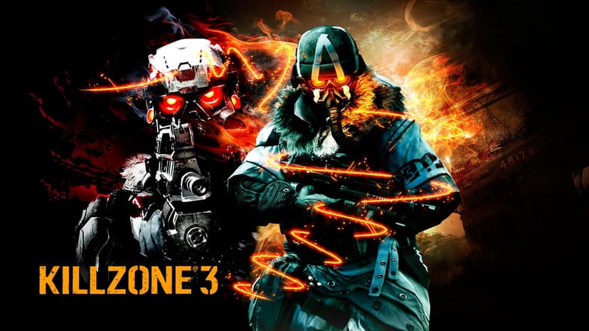Helghast soldiers in tactical gear with glowing red eyes and orange energy swirls on a dark background.