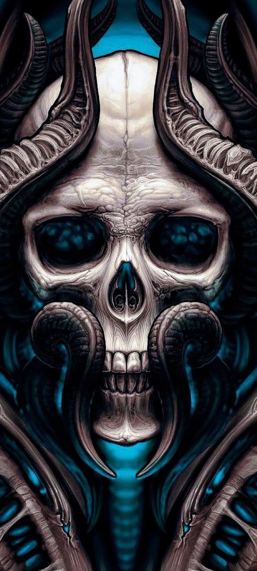 Demonic skull featuring curved horns and luminous sapphire eyes positioned against a deep navy blue backdrop.