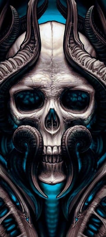 Demonic Skull with Horns and Glowing Blue Eyes