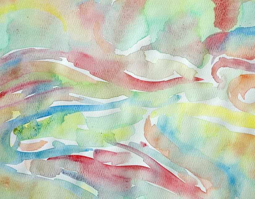 Flowing bands of red, blue, and green paint overlap with visible brushstroke textures and organic shapes.