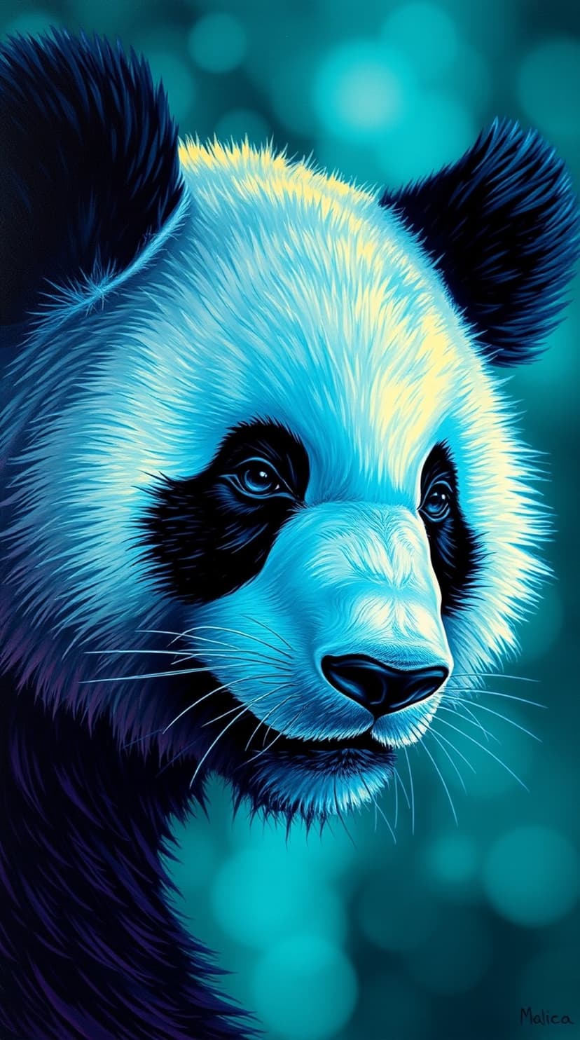 Panda face with electric blue and yellow fur features sharp whiskers against a blurred teal bokeh background.