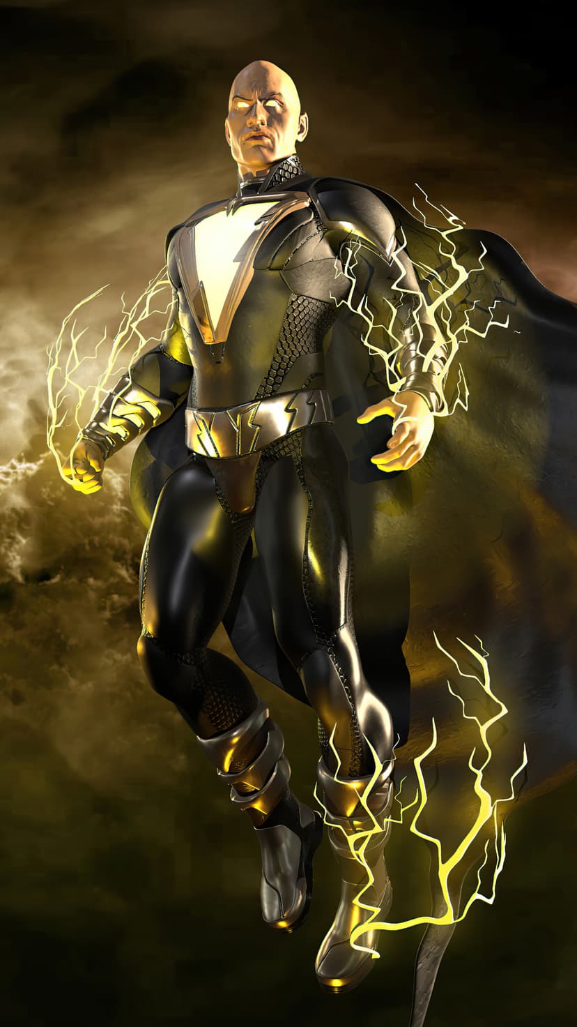 Black Adam flies through dark storm clouds with glowing yellow lightning emitting from his hands and feet.