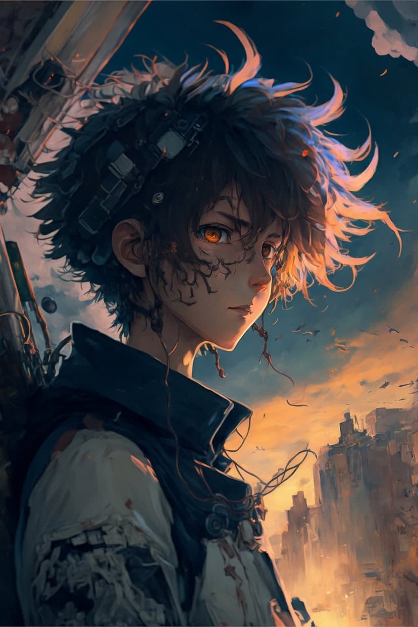 Spiky-haired anime character with orange eyes against a futuristic city sunset with orange and blue sky.