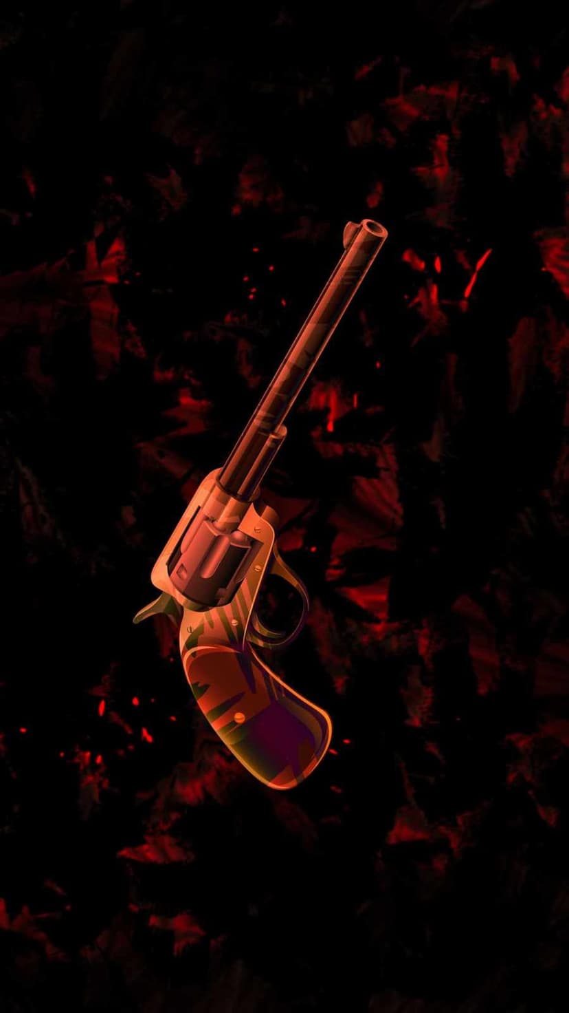 Revolver silhouette with orange highlights centered on a textured red and black abstract background.