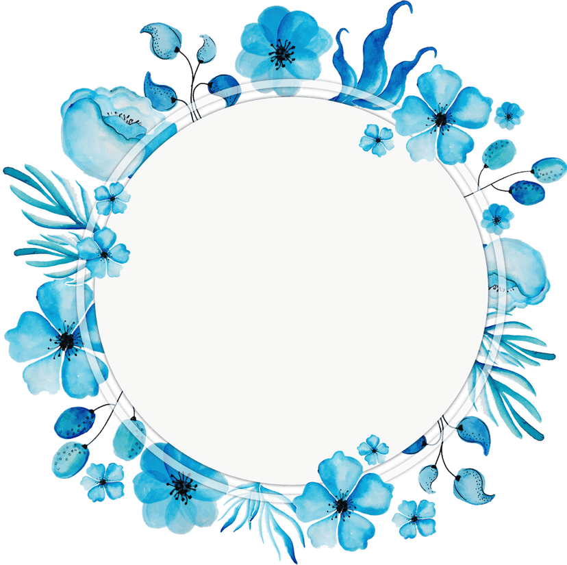 Blue floral wreath watercolor arrangement featuring detailed periwinkle blossoms and organic green foliage leaves.
