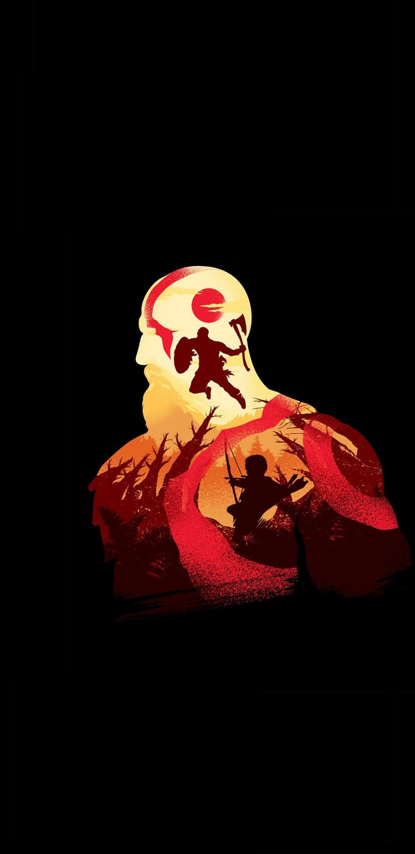 Silhouette of Kratos containing action scenes with Atreus in a red and orange forest on a black background.
