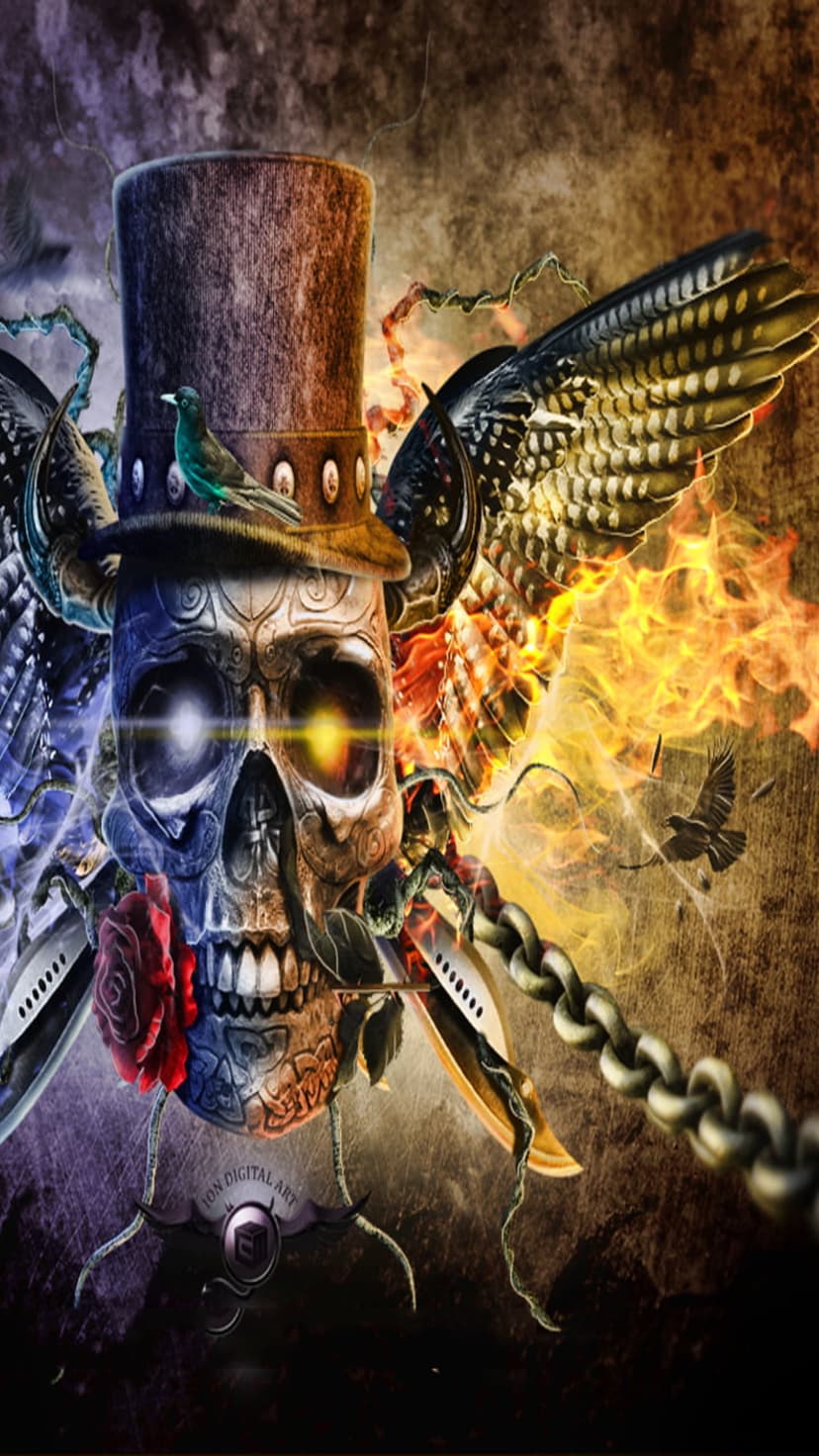 Skull wearing a top hat with a red rose and mechanical wings surrounded by orange fire and heavy metal chains.