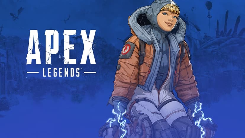 Wattson from Apex Legends smiles while blue electricity arcs from her hands in a blue landscape background.