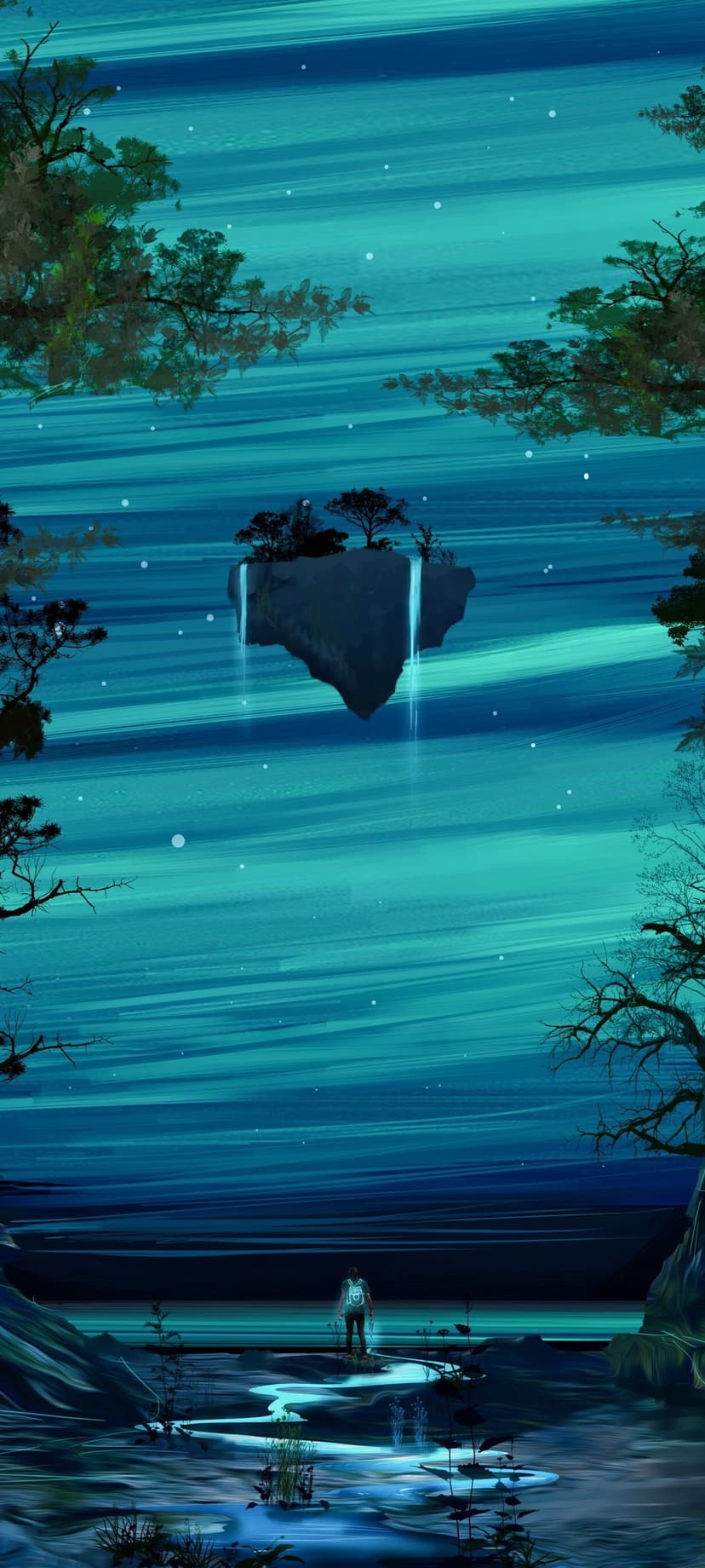 Silhouette of a person standing by glowing blue water under a floating island with multiple waterfalls at night.