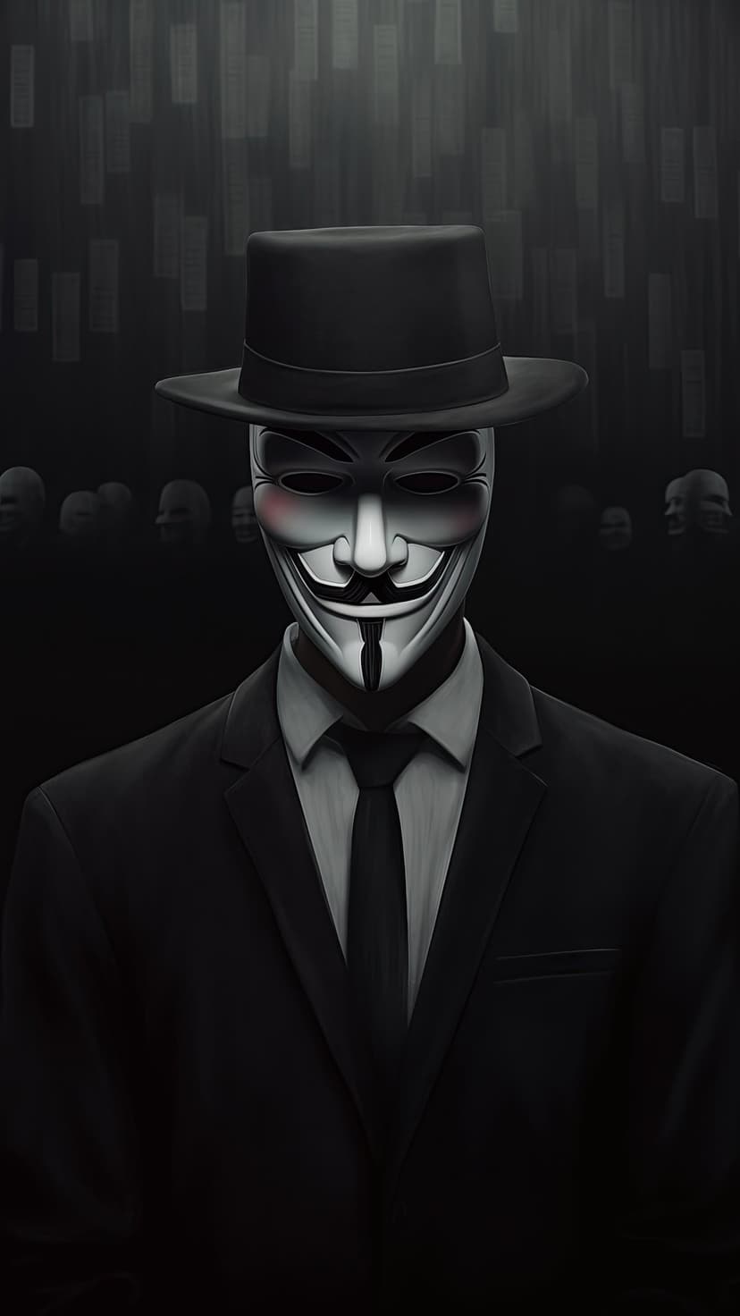 Masked figure in a black suit and fedora hat standing against a dark, shadowy background with vertical lights.