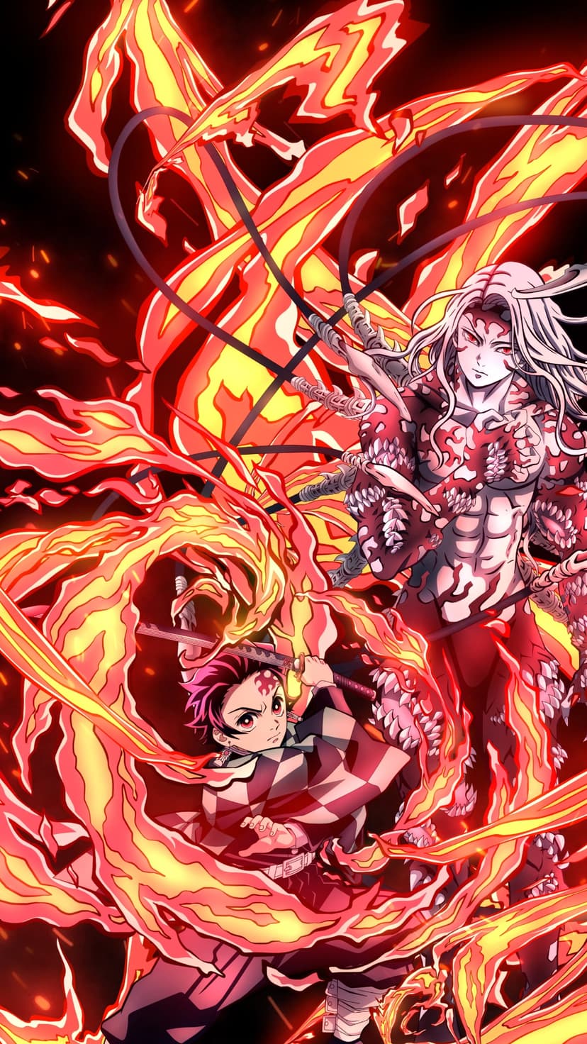 Tanjiro Kamado strikes Muzan Kibutsuji while surrounded by intense swirling fire and bright orange sparks.
