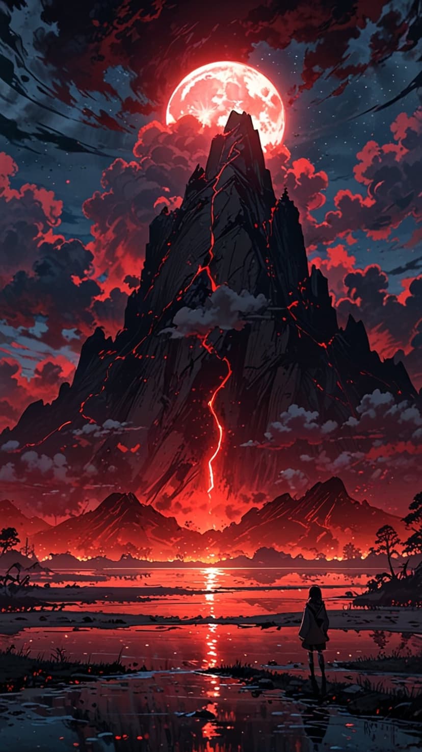A solitary person stands on a shoreline watching a glowing red volcano erupt beneath a massive scarlet moon.