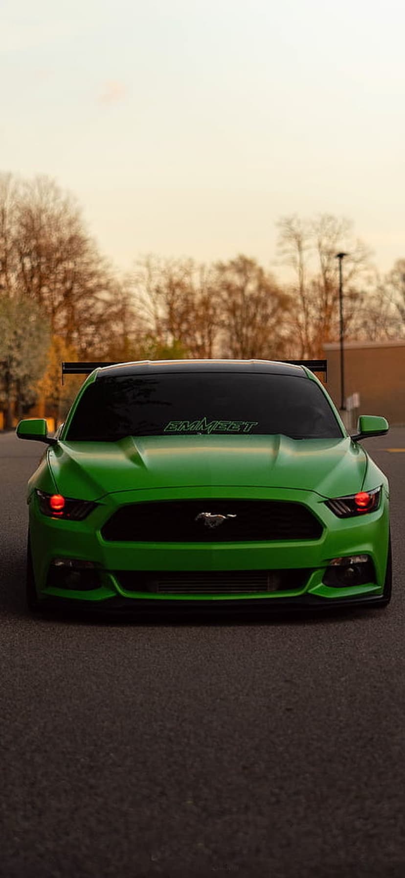 Green Ford Mustang featuring glowing red headlights and a roof spoiler parked on dark asphalt at dusk.
