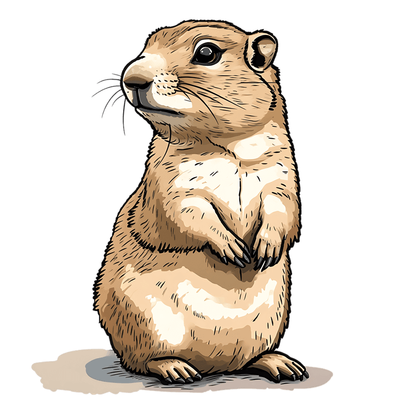 Prairie dog standing upright features brown textured fur and alert posture against a solid black backdrop.