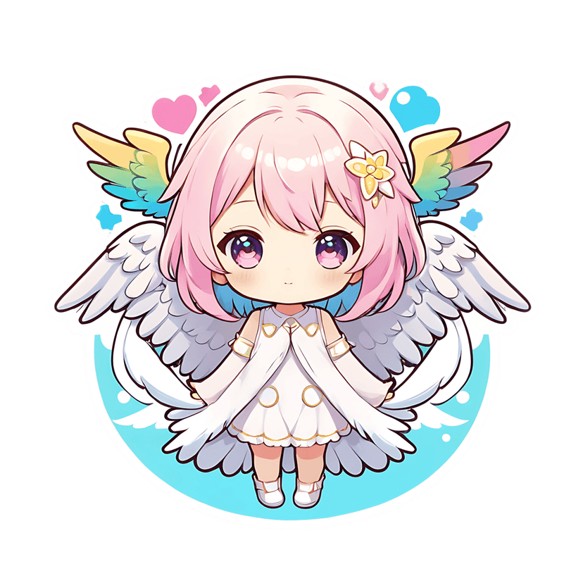 Chibi angel character with pink bob hair and rainbow wings on a light blue circular backdrop with white hearts.