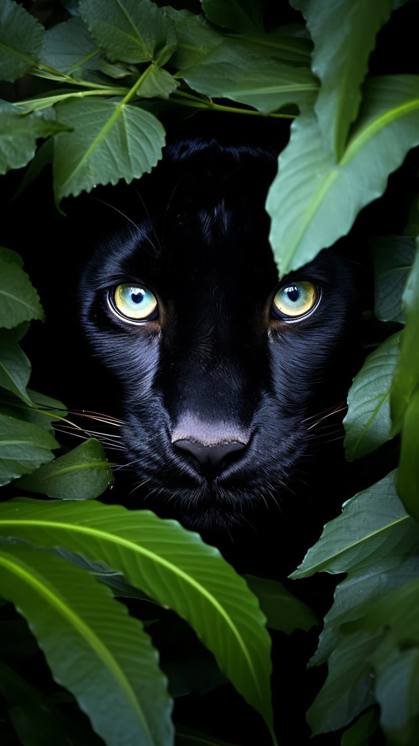 Black panther with glowing yellow eyes hides behind bright green tropical leaves in a dark forest setting.