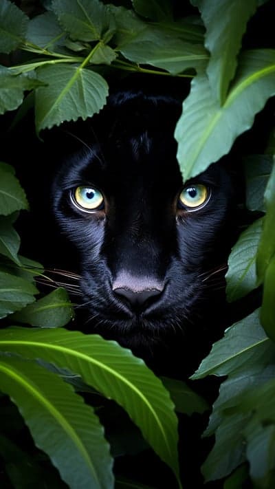 Black Panther Peeking Through Lush Green Leaves