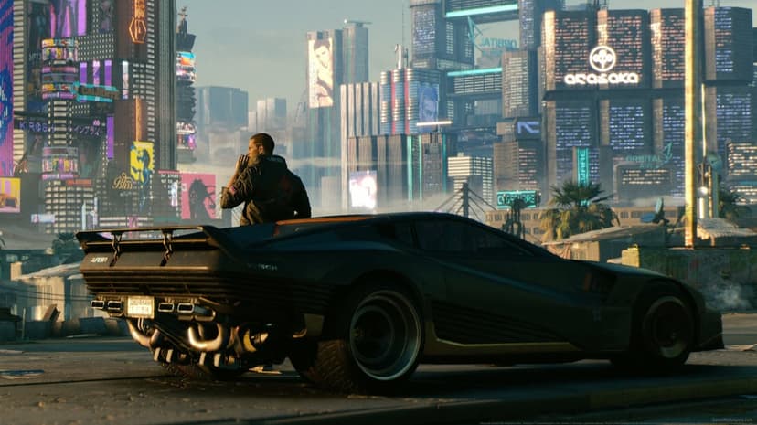 Man standing by a black futuristic car with glowing exhausts against a neon city skyline with corporate signs.