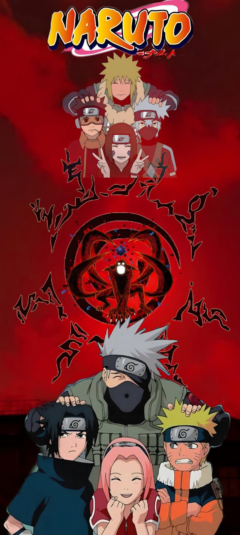 Naruto Uzumaki in Nine-Tails mode glows gold surrounded by Kakashi, Sasuke, and Sakura over a fox spirit background