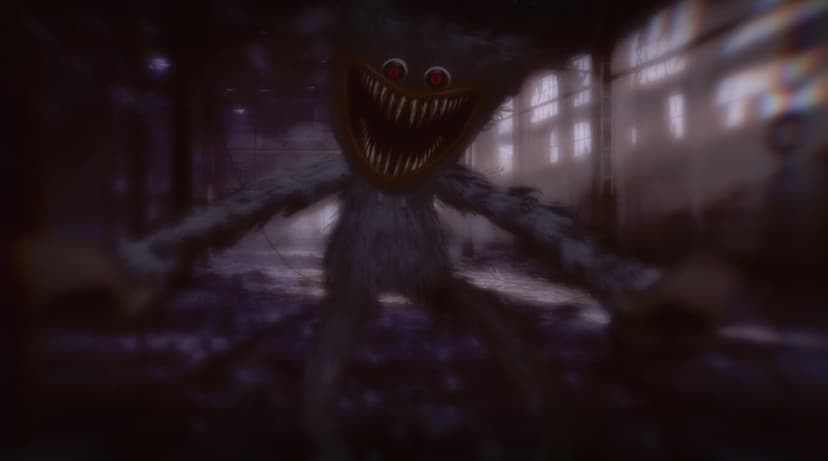 Monstrous blue creature with glowing red eyes and sharp teeth in a dark industrial factory setting.