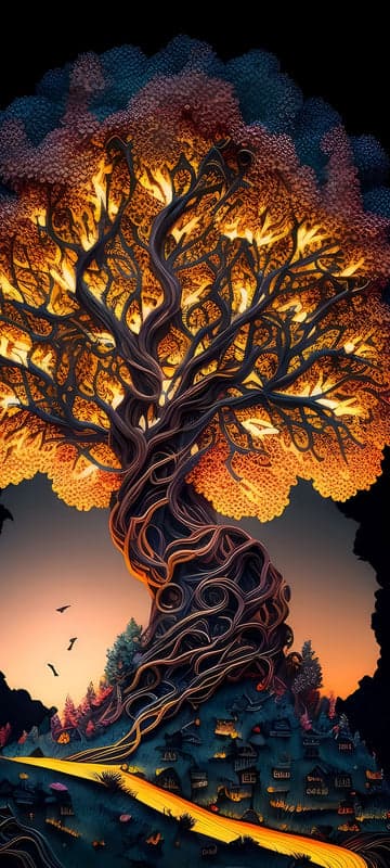 Enchanted Tree of Light Over a Mystical Village