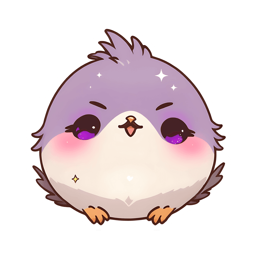 Lavender bird sticker illustration displays a fluffy purple character with violet eyes and a glossy finish.