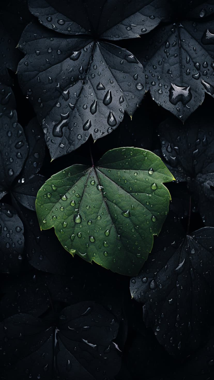 Vibrant green leaf covered in translucent water droplets rests against a backdrop of dark rain-soaked vegetation.