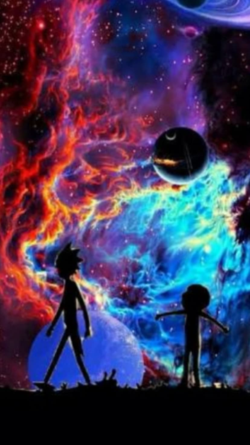 Rick and Morty silhouettes stand before a swirling red and purple nebula with two planets in a starry space.