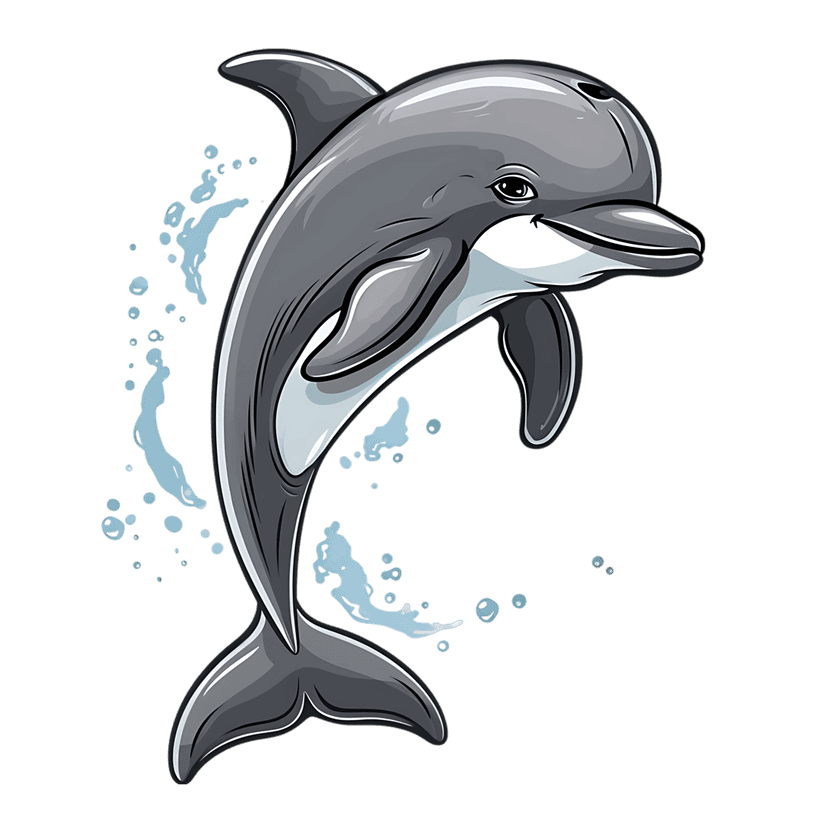 Leaping dolphin cartoon breaching water with energetic blue splashes and bubbles against a transparent background.