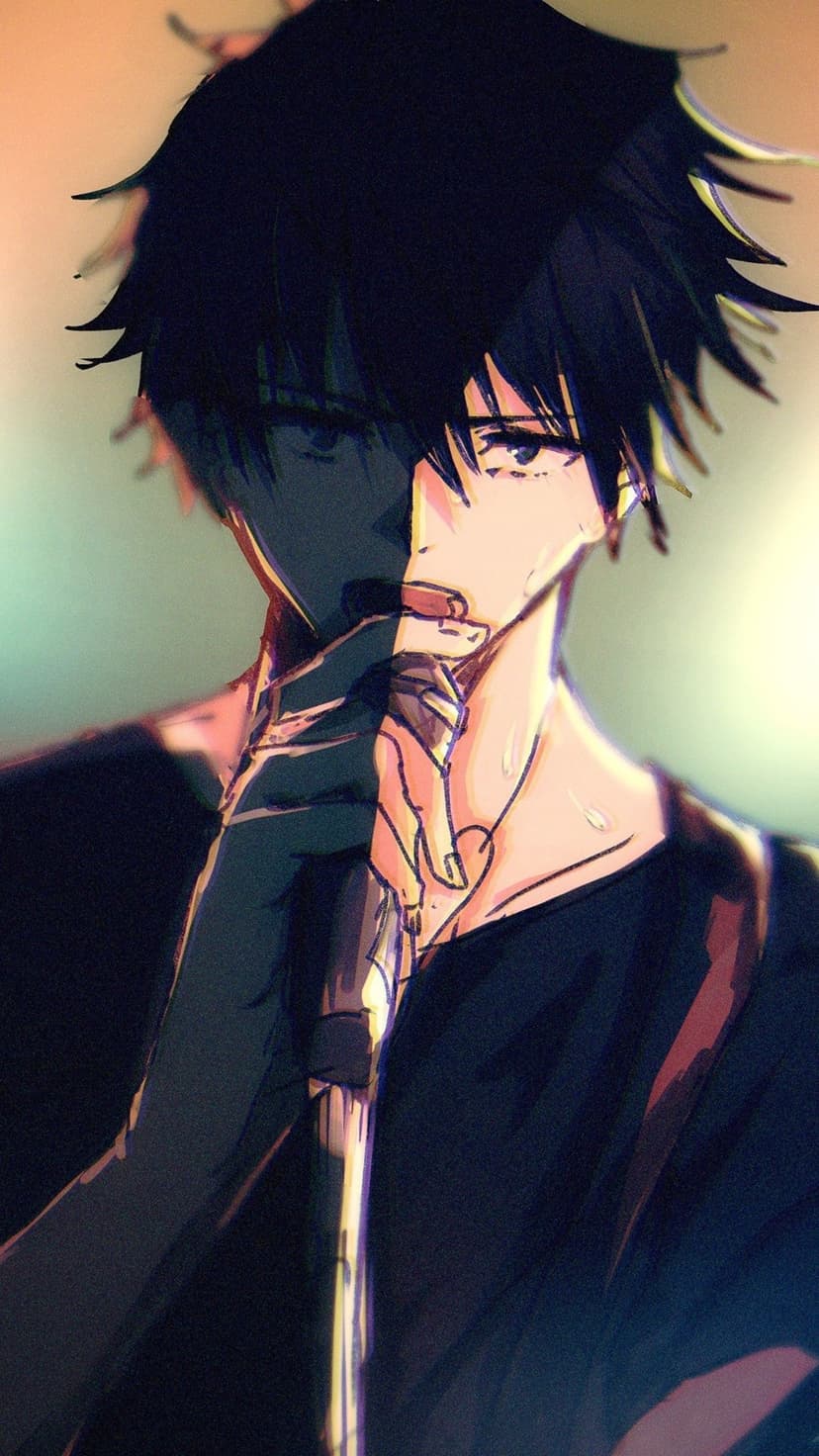 Megumi Fushiguro sings into a microphone with one side of his face cast in deep shadow and a somber expression.