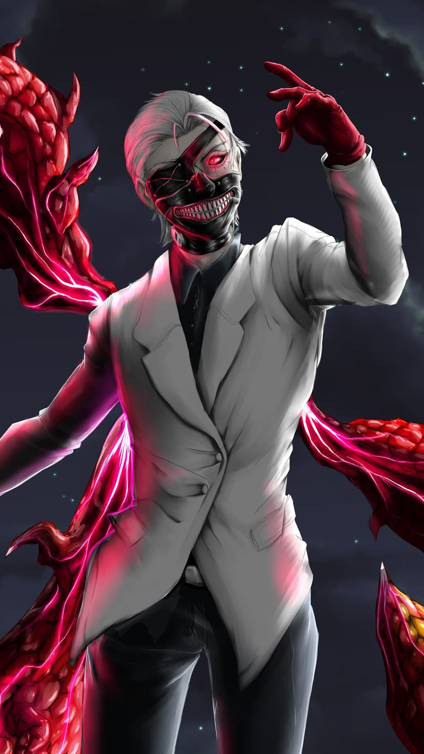 Kaneki Ken in a white suit and ghoul mask with four glowing red kagune tentacles extending behind his back.