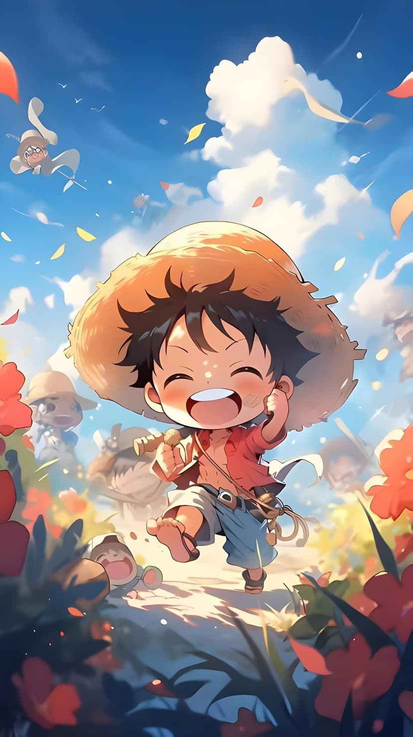 Chibi boy in a straw hat and red shirt runs joyfully through a field of red flowers under a bright blue sky.