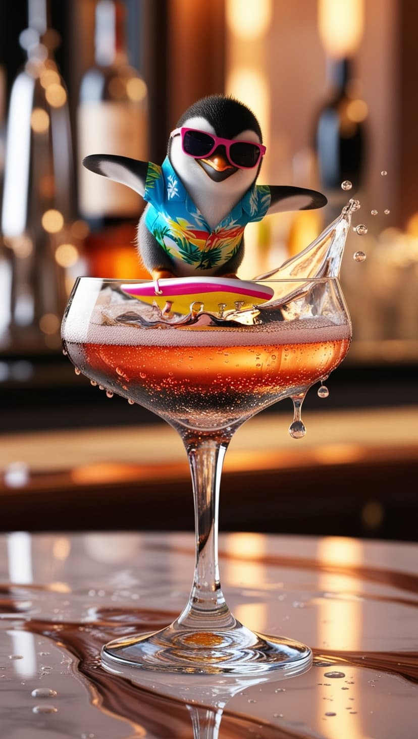 Penguin in a Hawaiian shirt surfing on a splash of pink liquid inside a martini glass with dynamic bubbles.