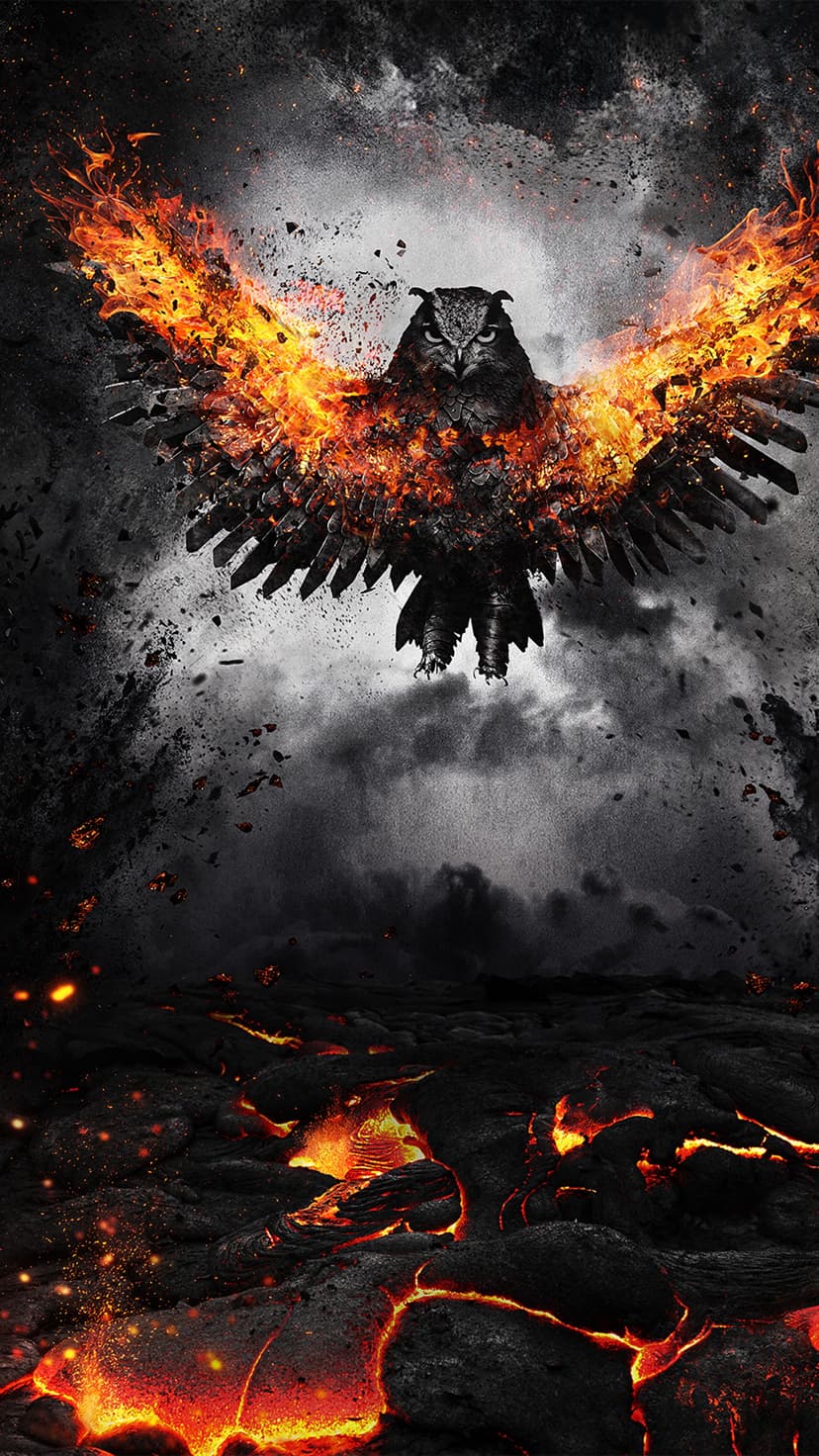 Great horned owl wreathed in bright flames soaring above a glowing lava landscape under a dark smoky sky.