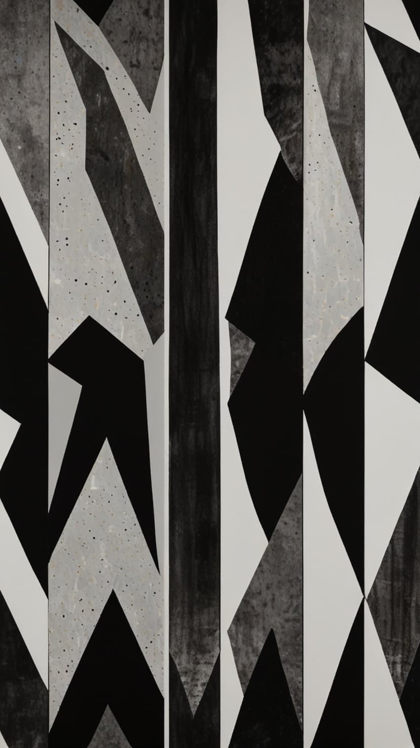 Interlocking black and white geometric triangles and polygons featuring a grainy concrete texture and sharp edges.