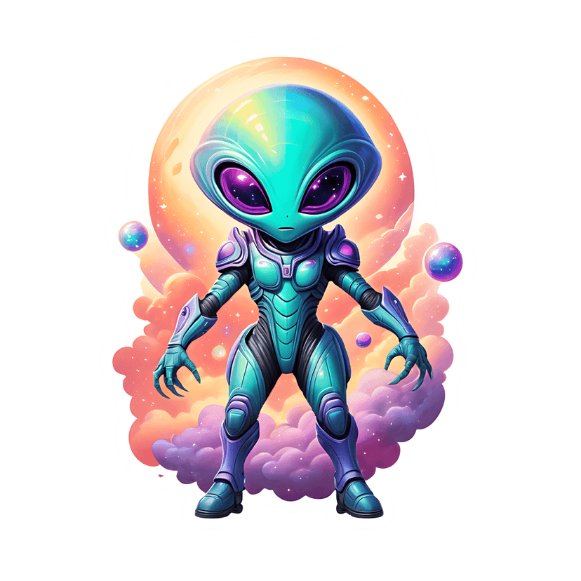 Teal extraterrestrial character wearing armored suit stands on pink cosmic clouds before an orange planet moon.