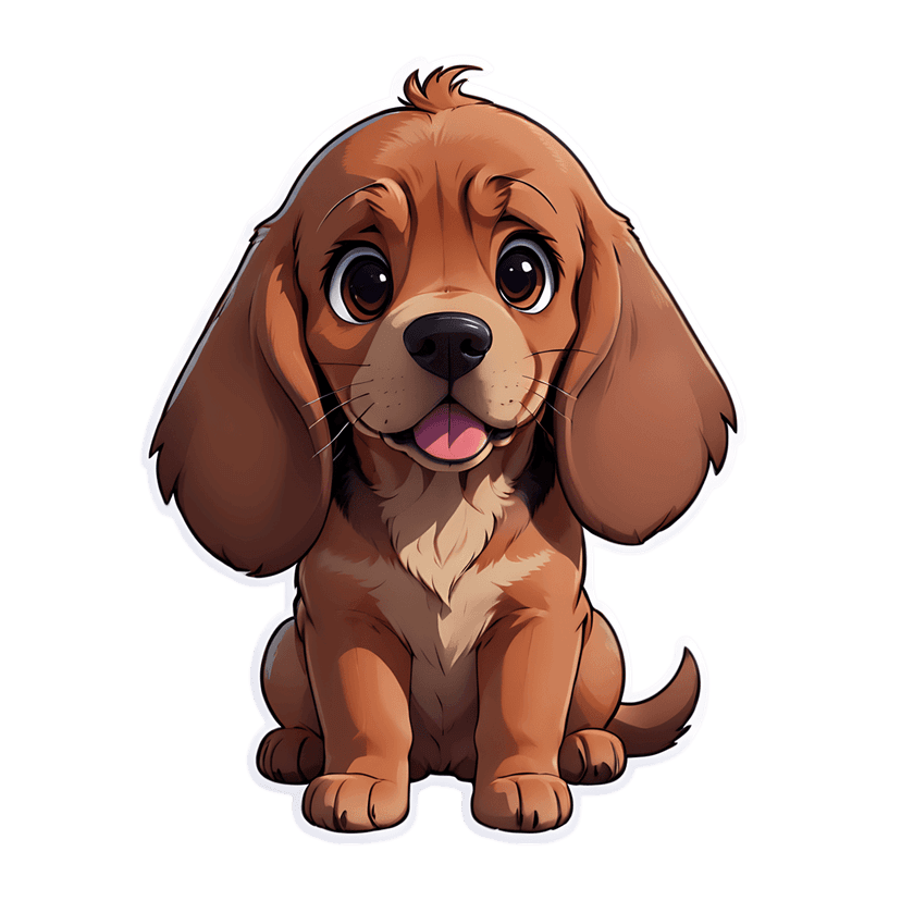 Brown basset hound puppy sticker illustration shows a seated canine with long ears, pink tongue and white border.