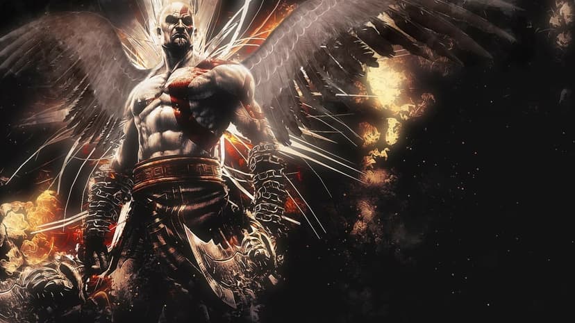Kratos with large feathered wings and glowing embers against a dark background for desktop screens.