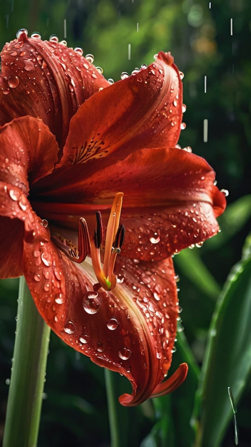 Red lily flower with clear water droplets on petals and visible yellow stamen against a blurred green background.