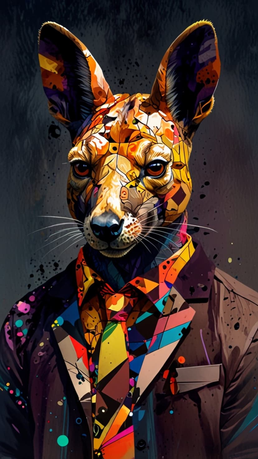 Kangaroo in a tailored suit features colorful geometric patterns on its face for a vertical phone background.