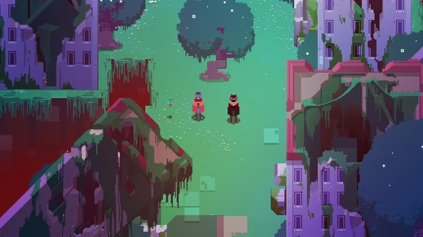 Two caped explorers stand on a teal field amidst purple ruins and vines in a vibrant pixel art landscape.
