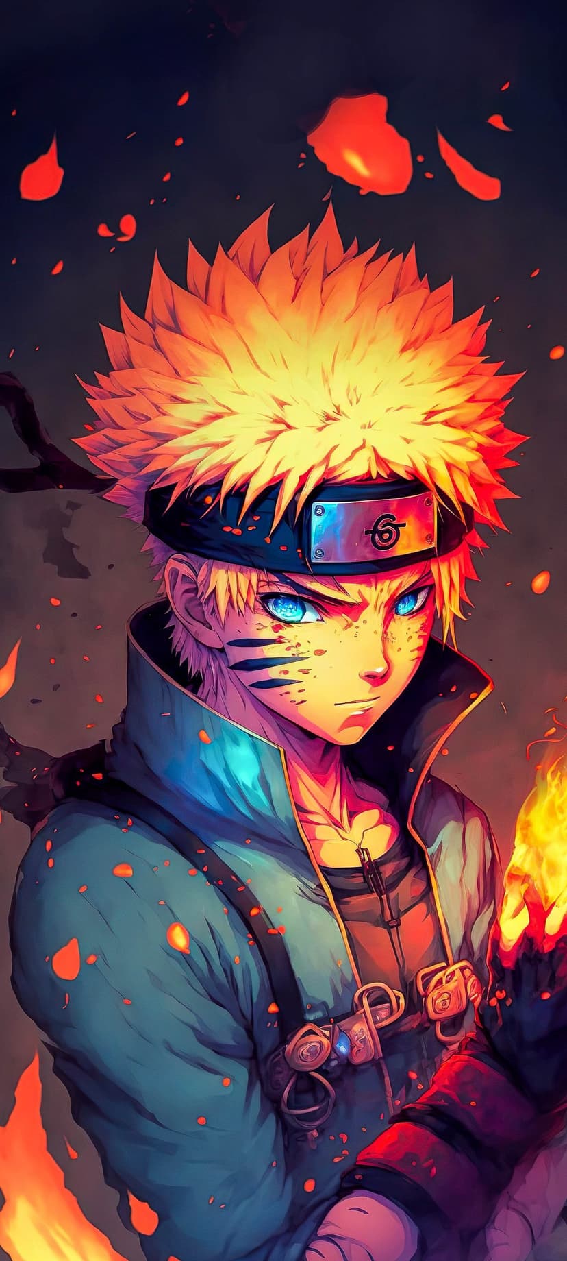 Naruto Uzumaki with spiky blonde hair and blue eyes stands amidst swirling orange fire and glowing embers.