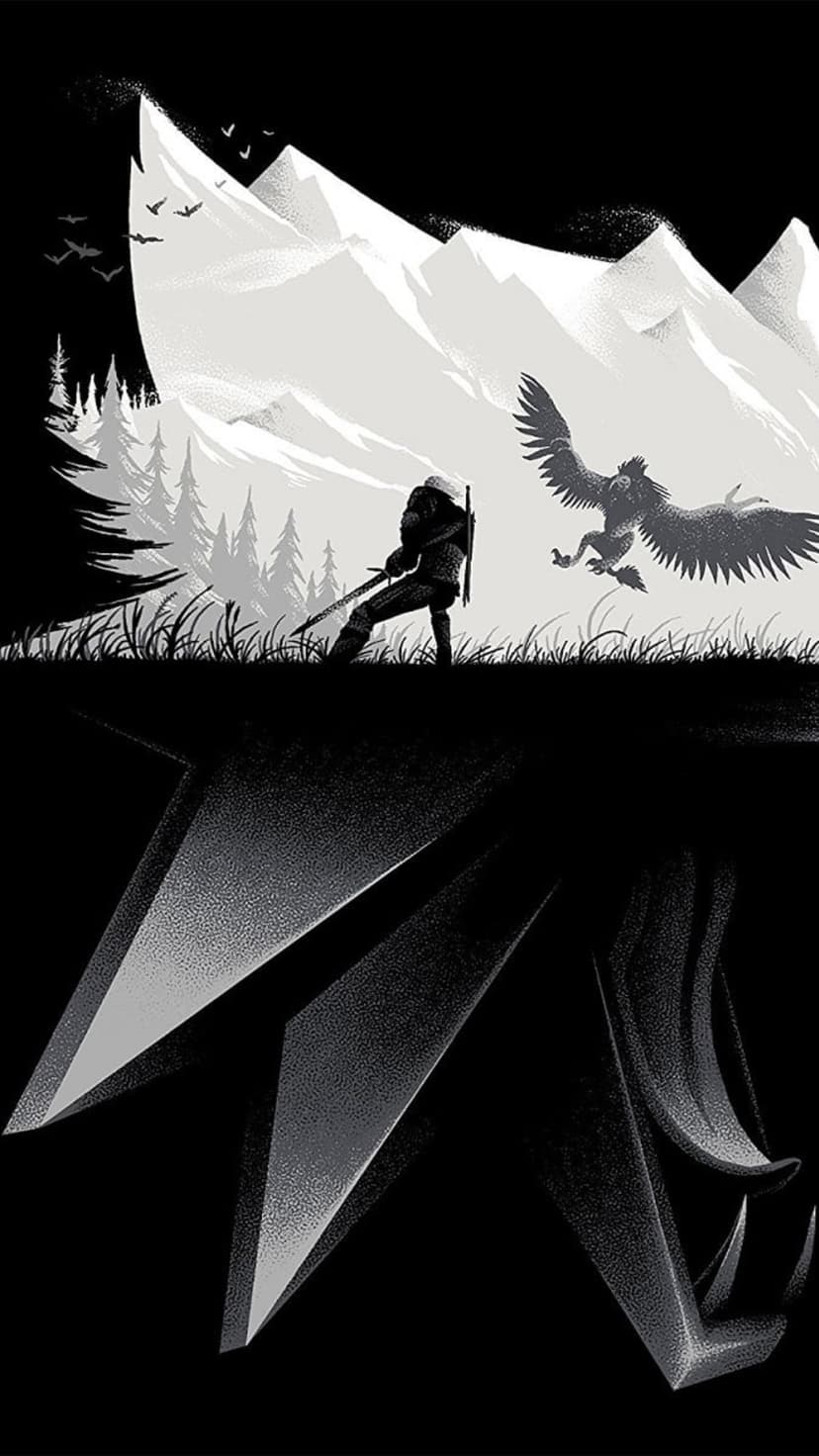 Geralt of Rivia faces a winged griffin on a snowy mountain ledge with a wolf medallion reflection below.