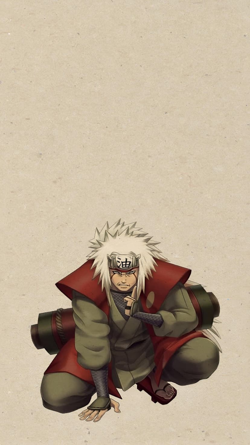 Jiraiya crouches in red and green gear with long spiky white hair against a textured parchment background.