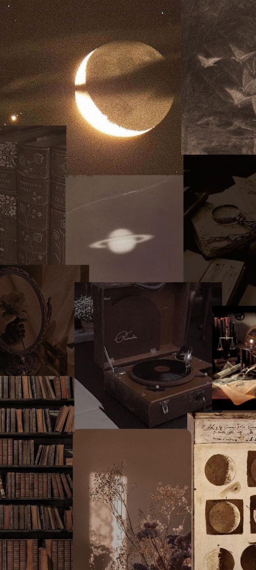 Crescent moon and Saturn float above vintage books, an antique record player, and dried flowers in sepia tones.