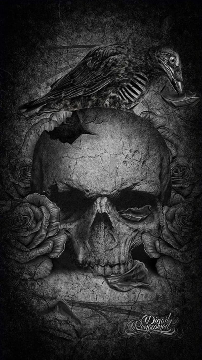 Cracked human skull with a black raven perched on top, surrounded by dark wilting roses and a textured background.