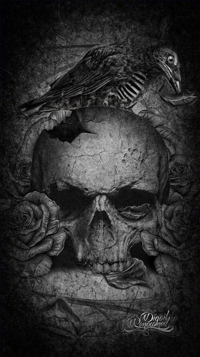 Gothic Skull and Raven Monochrome Mobile Wallpaper