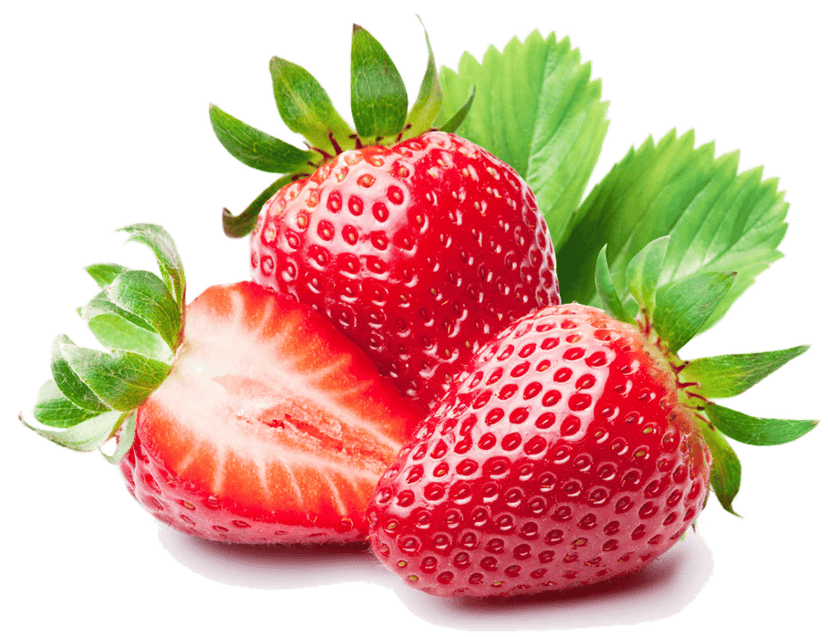Three ripe strawberries with green hulls showing detailed pitted seeds and glossy skin on a clear background.