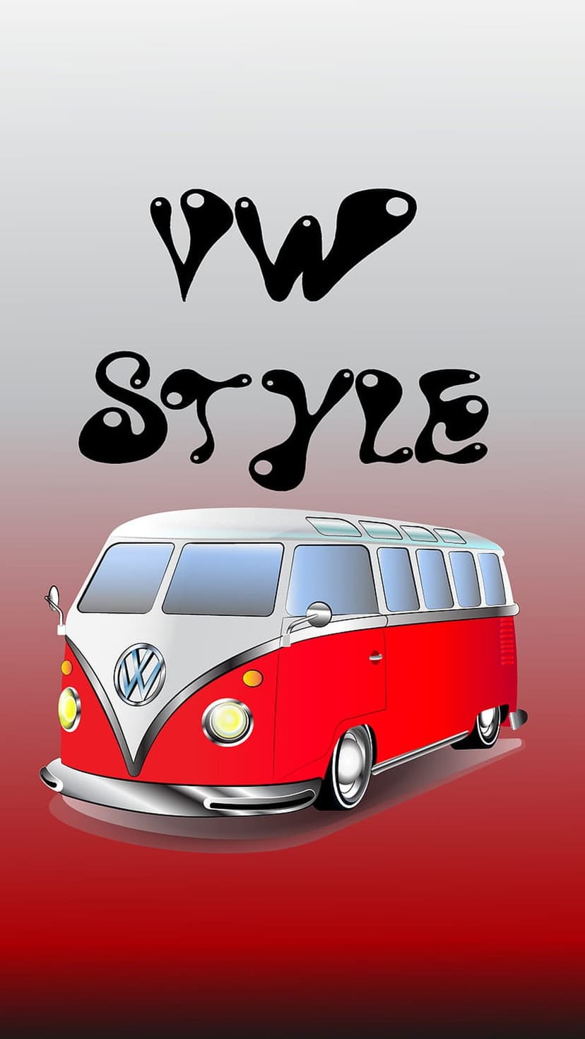 Red and white classic VW Microbus positioned under black bubbly VW STYLE text against a clean background.